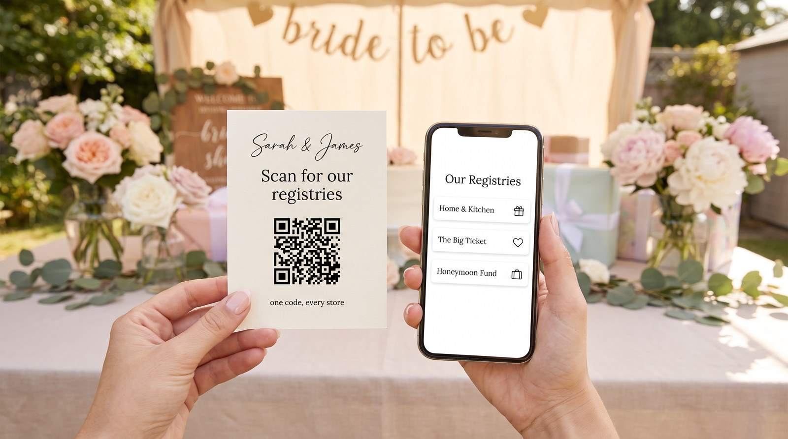 A wedding shower invitation with a QR code being scanned by a phone